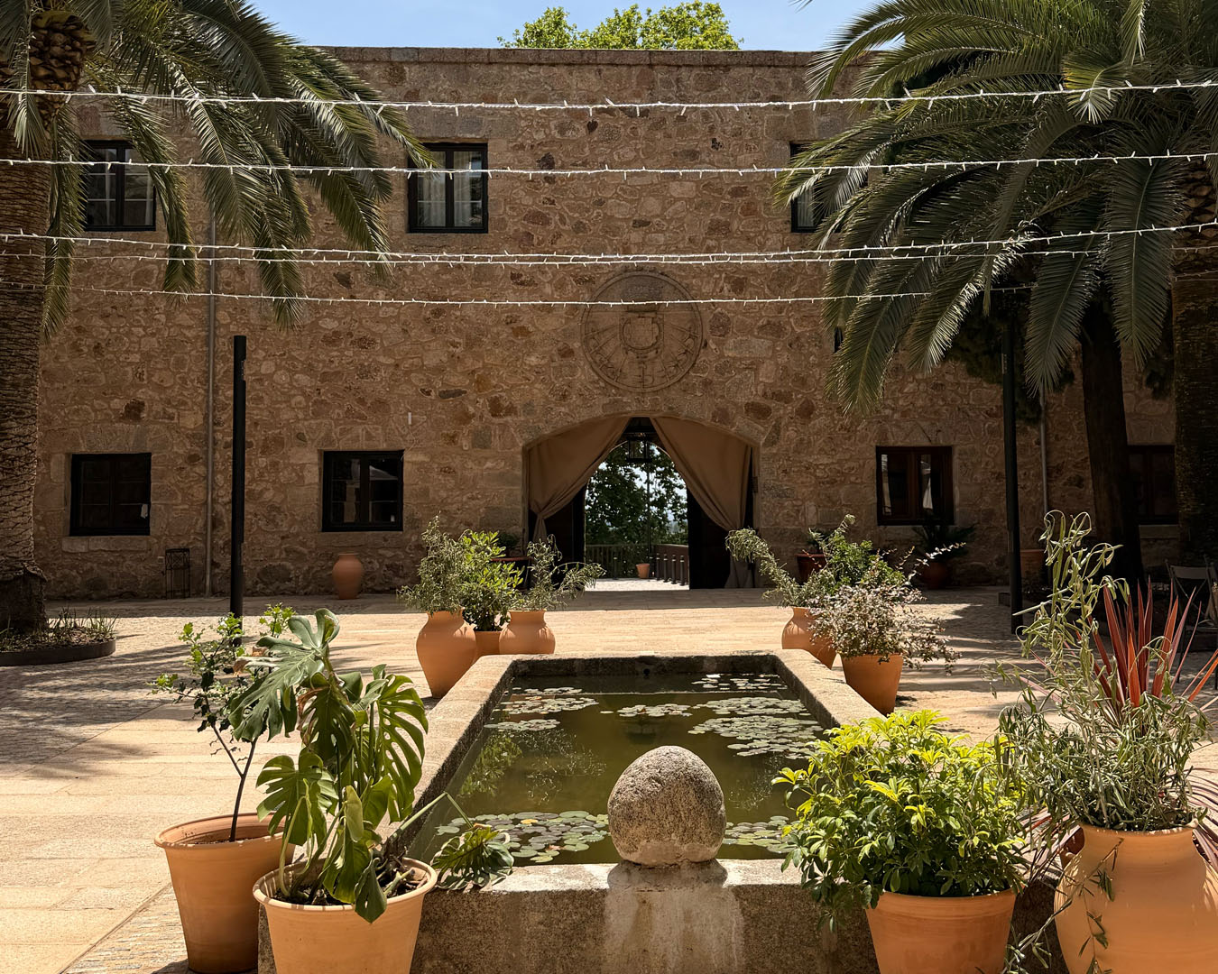 Stone courtyard with pond and palm trees