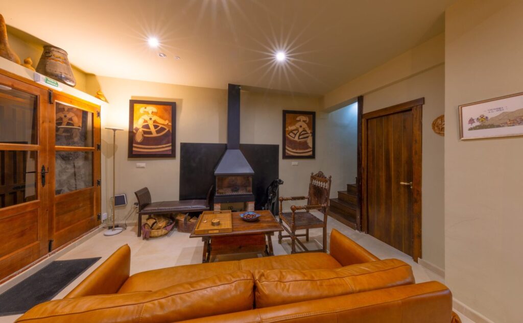 Living room with a leather sofa and a wood-burning stove