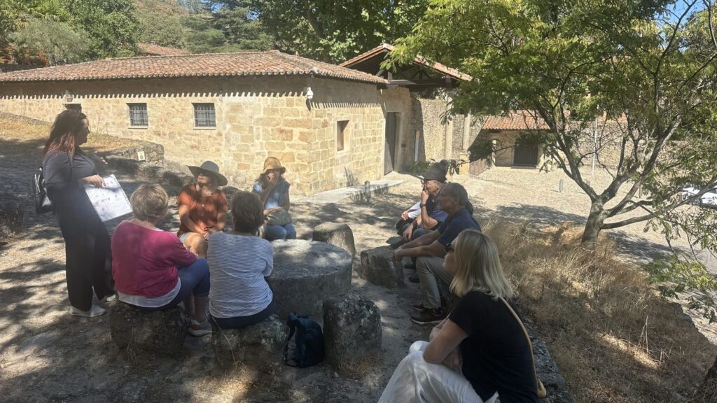 Outdoor class in the shade of a tree next to old stone houses