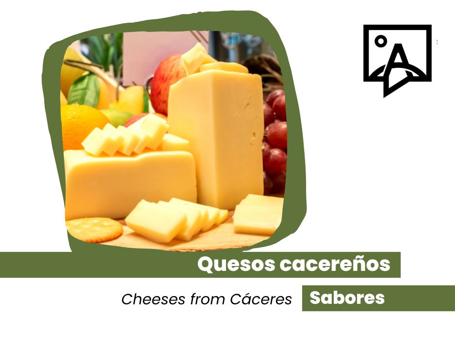 Quesos de Cáceres: bloques y rebanadas de queso servidos con fruta