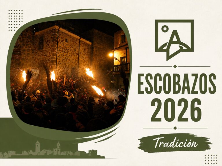 Cartel de Escobazos 2026: una multitud con escobas ardientes por la noche frente a un edificio de piedra en Jarandilla de la Vera